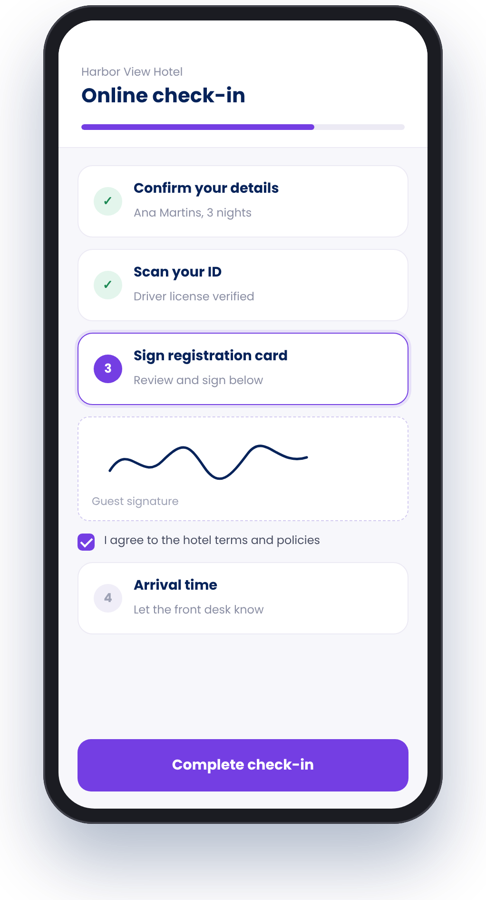 Online check-in on a guest's phone